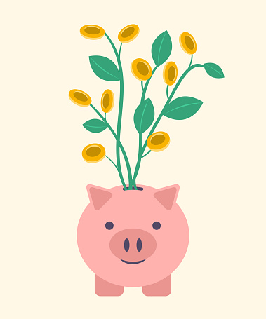 Money tree growing out of a piggy bank. Vector illustration