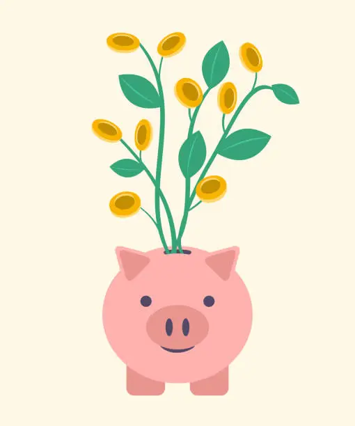 Vector illustration of Money tree growing out of a piggy bank. Vector illustration