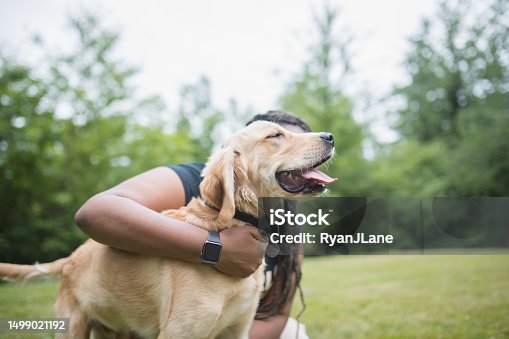 istock Woman Hugs Her Pet Golden Retriever 1499021192