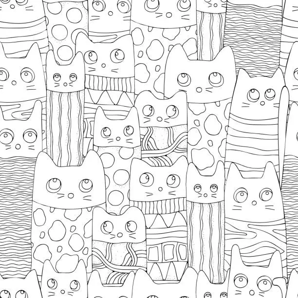 Vector illustration of Seamless pattern with cute funny cats. Black and white background. Page for Adult coloring book.