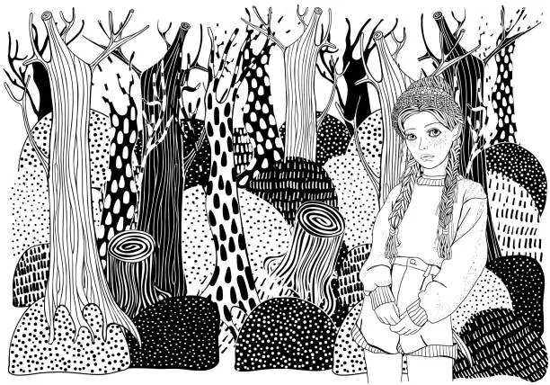 Vector illustration of Black and white Coloring Book for Adults. Girl with long hair in the forest. Trees and mountain views. Anxiety Relief. Vector.
