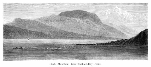 Black Mountain from Sabbath-Day Point of Lake George , New York State, United States, American Geography Lake George  Sabbath-Day Point view of Black Mountain in the Adirondack Mountains, New York State, USA. Pencil and pen, engraving published 1874. This edition edited by William Cullen Bryant is in my private collection. Copyright is in public domain. adirondack mountains stock illustrations