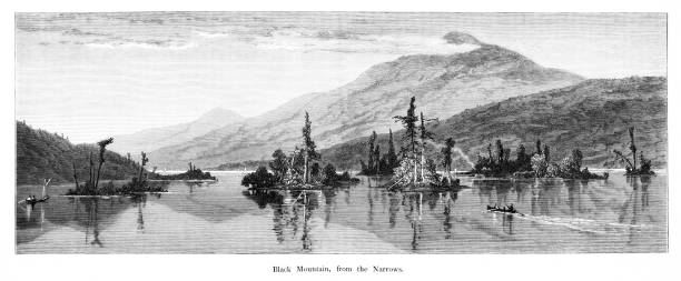 Black Mountain from Narrows of Lake George , New York State, United States, American Geography Lake George at Black Mountain in the Adirondack Mountains, New York State, USA. Pencil and pen, engraving published 1874. This edition edited by William Cullen Bryant is in my private collection. Copyright is in public domain. adirondack mountains stock illustrations