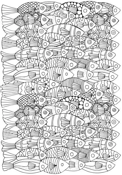 Vector illustration of Underwater Pattern with black and white tropical fish. Exotic fish. Coloring book page for adult. Monochrome