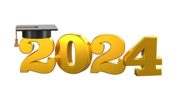 Class of 2024 3d icon. Congratulation graduates design template with cap and numbers. Gold graduation typography illustration for ceremony, party, greeting card, invitation with clipping path