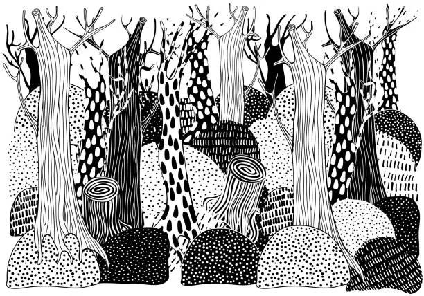 Vector illustration of Black and white forest landscape. Trees. Eco theme. Pattern for coloring book. Hand-drawn, ethnic, retro, doodle, vector, vector.