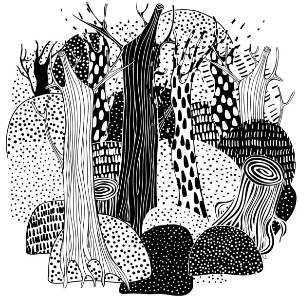 Vector illustration of Circle Black and white forest landscape. Trees. Eco theme. Pattern for coloring book. Hand-drawn, ethnic, retro, doodle, vector, vector.