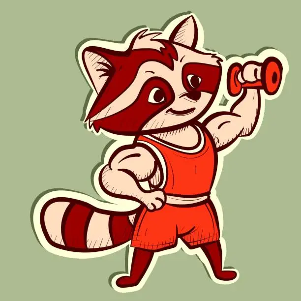 Vector illustration of Digital art of a raccoon with muscles and sportswear lifting a dumbbell. Vector of a wild animal doing fitness and sport