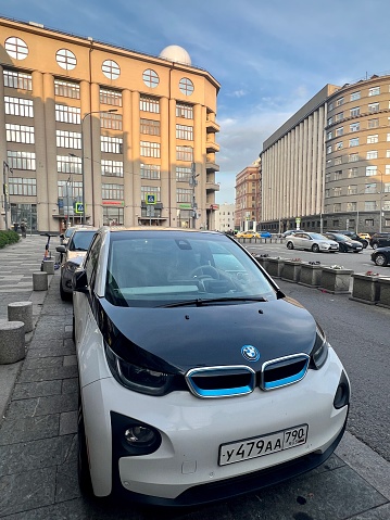 Moscow, Russia - June  10,  2023: Electric BMWi3 car parked on Moscow street