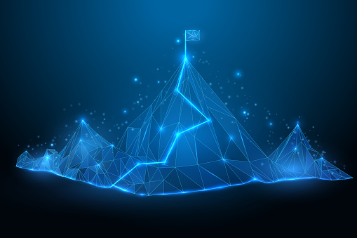 Flag on the top of Mountain. Road to success low poly on blue dark background. Digital vector wireframe mountain. Victory motivation technology. Vector illustration EPS10