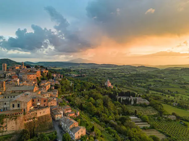 Aerial view of Montepulciano Tuscany at sunrise Italy