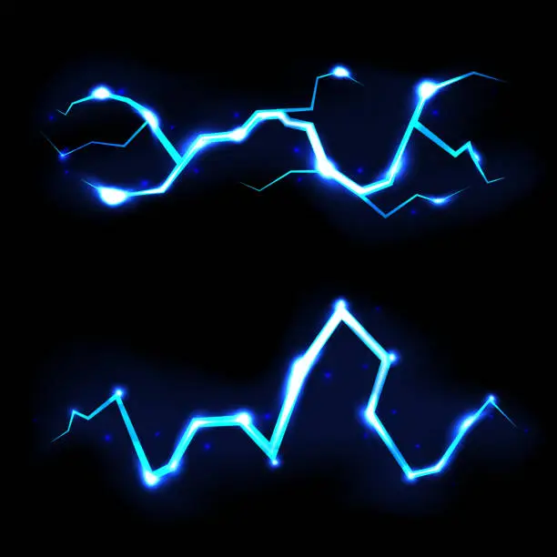 Vector illustration of Blue vector lightning on black background, vector illustration.