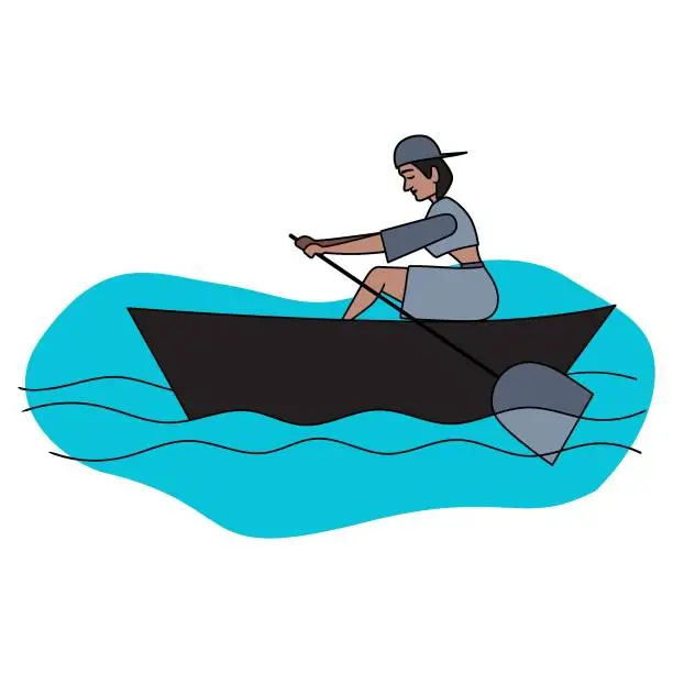 Vector illustration of A Girl Paddling a Small Boat