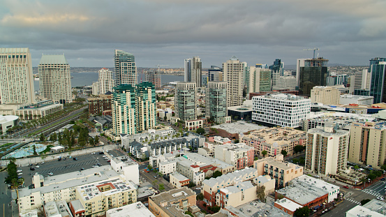 Aerial view of Downtown San Diego, California on an overcast morning in Spring. Authorization was obtained from the FAA for this operation in restricted airspace.