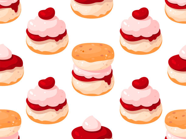 Seamless pattern. Scones for British afternoon tea. Classic scones with jam and clotted cream. Fresh-baked scone, with strawberry jam and whipped cream. English Scones Seamless pattern. Scones for British afternoon tea. Classic scones with jam and clotted cream. Fresh-baked scone, with strawberry jam and whipped cream. English Scones clotted cream stock illustrations