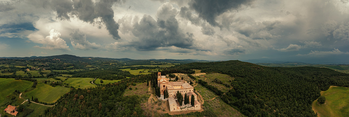 The church and monastery of Sant Anna in Camprena Tuscany Italy Aerial view