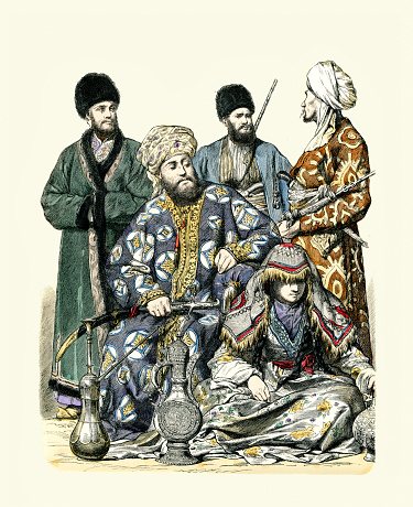 Vintage illustration of Costumes and fashions of Uzbekistan, Man from Khiva, Emir of Bukhara, Tekke-Turkmene, Girl from Samarkand, Policeman from Bukhara 19th Century