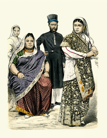 Vintage illustration of Costumes of Parsi or Parsees men and women from east India, Singapore and Bombay, History of Fashion, 19th Century. Parsis or Parsees are an ethnoreligious group of the Indian subcontinent adhering to Zoroastrianism. They are descended from Persians who migrated to Medieval India during and after the Arab conquest of the Persian Empire