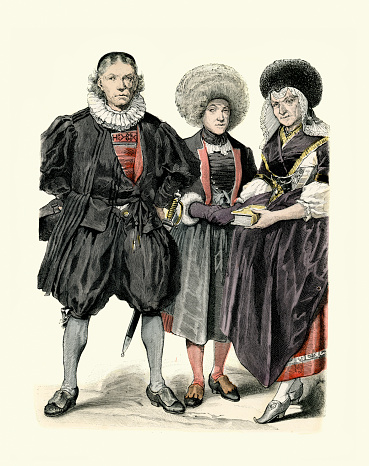 Vintage illustration of Costumes of Switzerland,Schaffhausen; festive costume and widow's costume, Appenzell Ausser-Rhoden, History of Fashion, end of 18th Century.