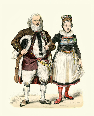 Vintage illustration of Costumes of Switzerland, Swiss Bride and her father, Lucerne bride, History of Fashion, end of 18th Century.