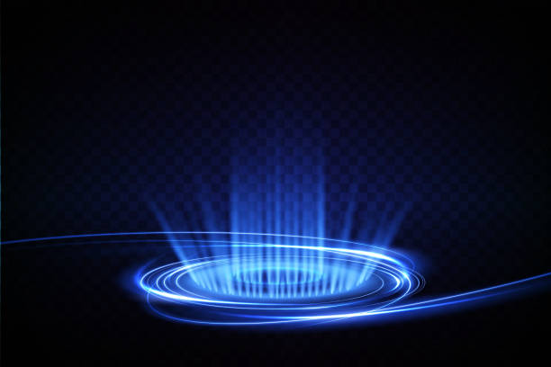 istock Magic fantasy portal. Round light frame, futuristic teleport. light effect. Blue, neon lights illuminate the night scene with sparks on a transparent background. empty podium light effect 1499036968