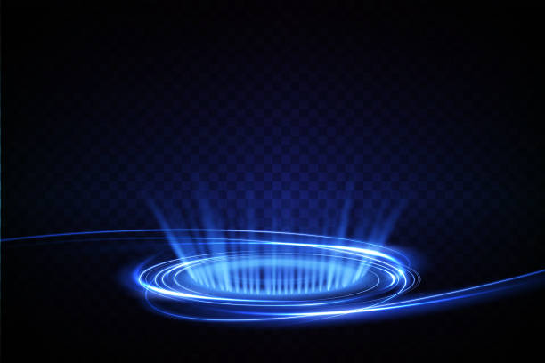 istock Magic fantasy portal. Round light frame, futuristic teleport. light effect. Blue, neon lights illuminate the night scene with sparks on a transparent background. empty podium light effect 1499036969