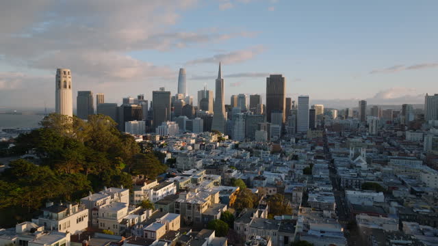 Aerial descending footage of metropolis at golden hour. Group of downtown skyscrapers in background and Coit Tower on Telegraph Hill.