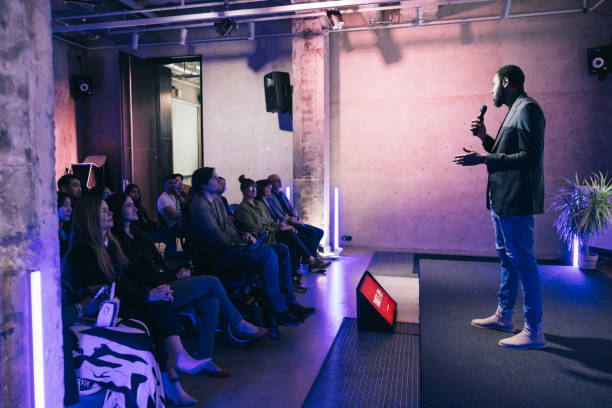 istock African scientist talking about his research at Tech conference. 1499038779