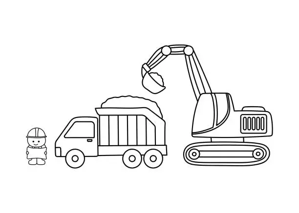 Vector illustration of Hand drawn color children construction set dump truck with excavator and construction worker holding a map