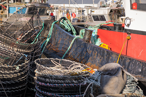 Scottish fisherman in North Uist, Outer hebrides with lobster pots.