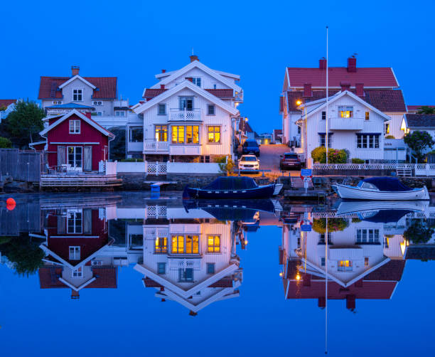 Marstrand, Sweden - May 22, 2023: Tranquil blue hour scene in Marstrand, located in the municipality of Kungalv in southern Bohuslan, on the west coast near Gothenburg