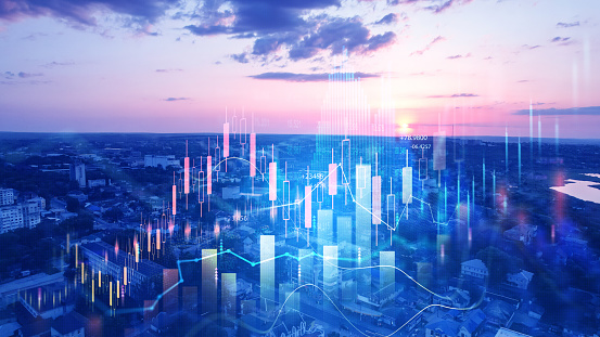 Big data chart on city backdrop.Trade technology, and investment analysis.Business development, financial plan and strategy.Analysis finance graph and market chart investment.