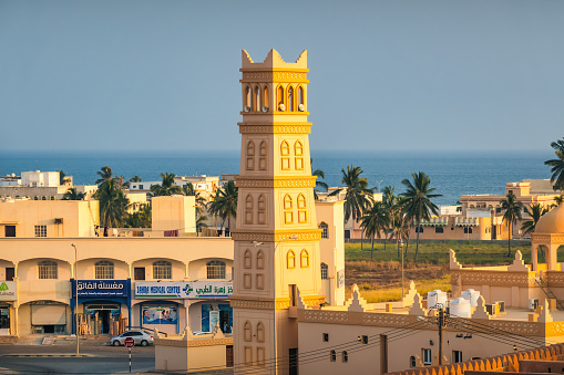 View of the town of Taqah, Dhofar governorate, Oman at sunset time.