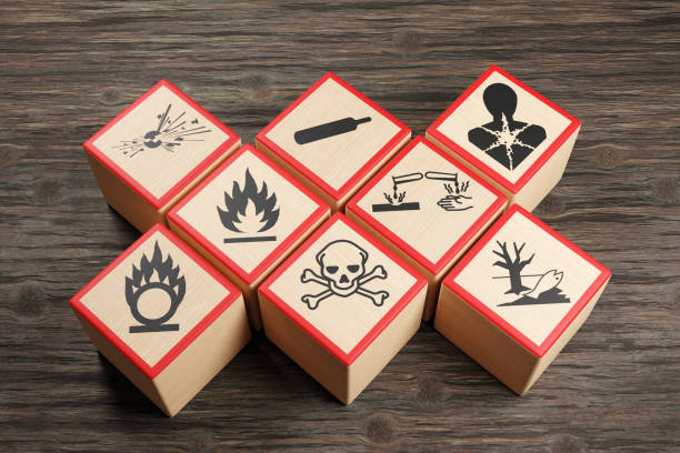 Wooden blocks showing different symbols of chemical hazard warnings on wood table. Illustration of the concept of toxic substances and occupational health Wooden blocks showing different symbols of chemical hazard warnings on wood table. Illustration of the concept of toxic substances and occupational health hazardous material stock pictures, royalty-free photos & images