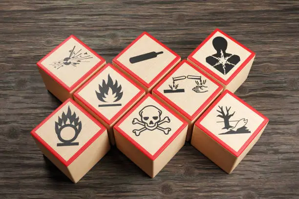 Photo of Wooden blocks showing different symbols of chemical hazard warnings on wood table. Illustration of the concept of toxic substances and occupational health