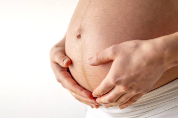 femme enceinte tenant doucement son ventre rond nu avec ses mains dans le dernier mois de grossesse. troisième trimestre - semaine 36. gros plan. vue latérale. fond blanc. prise de vue lumineuse. - table chair white curve photos et images de collection