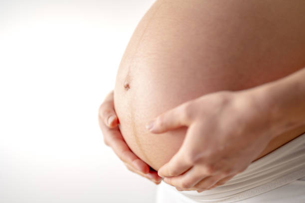 femme enceinte tenant doucement son ventre rond nu avec ses mains dans le dernier mois de grossesse. troisième trimestre - semaine 36. gros plan. vue latérale. fond blanc. prise de vue lumineuse. - table chair white curve photos et images de collection