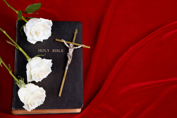 Religious Symbols on luxuriant red velvet background.