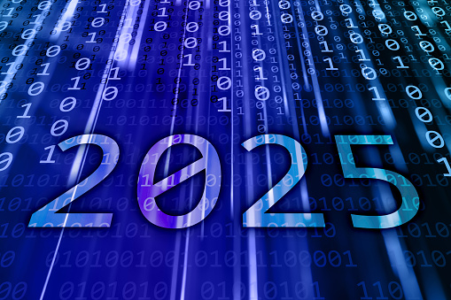 2025 text written on a blue flowing binary code background. New Year 2025 celebration concept.