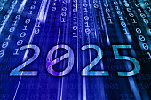 New Year 2025 on a binary code background