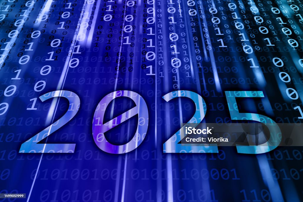 New Year 2025 on a binary code background 2025 text written on a blue flowing binary code background. New Year 2025 celebration concept. 2025 Stock Photo