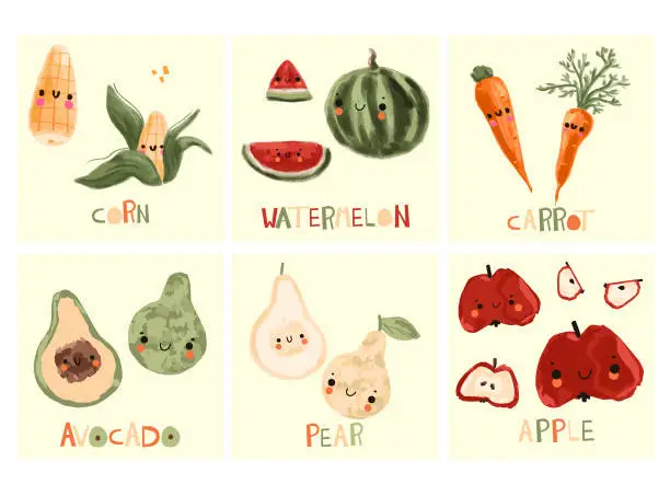 Vector illustration of Cute vector illustrations with fruits and vegetables.