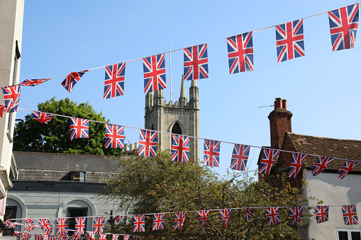 London, UK - June 13, 2020: Thank You banners and Union Jack flags on New Oxford Street, a famous and busy shopping street in Central London, UK.