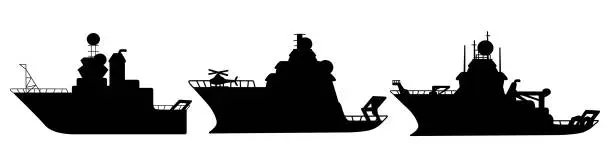 Vector illustration of Set of black silhouette research vessels for sea exploration, expedition ships shapes with helicopter illustrations isolated on white background. Can be used for Adventure, exploration, voyage topics