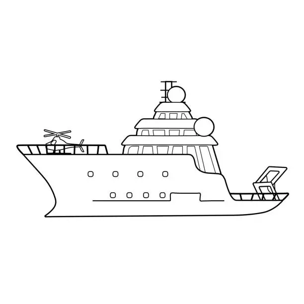 Vector illustration of Black white research vessel for sea exploration, expedition ship with helicopter illustration. Can be used for coloring book