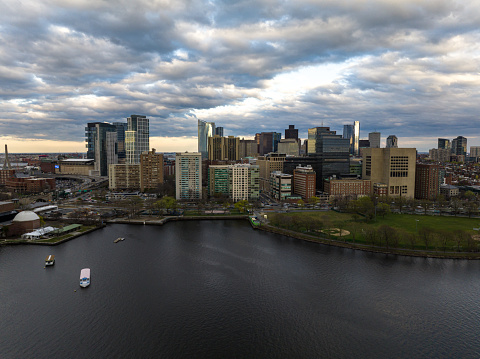 An aerial view of the West End, Boston, in the morning, overlooking Charles River.