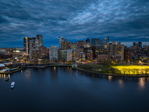 An aerial view of the West End, Boston, in the evening, overlooking Charles River and Lederman Park.