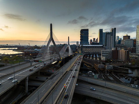 An aerial view of the Leonard Zakim Bridge in Boston.