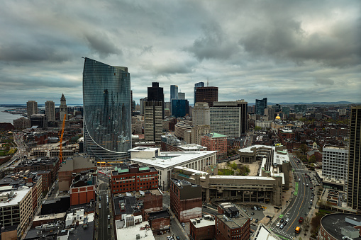 An aerial shot of downtown Boston with the One Congress building visible in the frame.