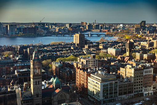 An aerial shot of the city of Boston taken at sunrise.